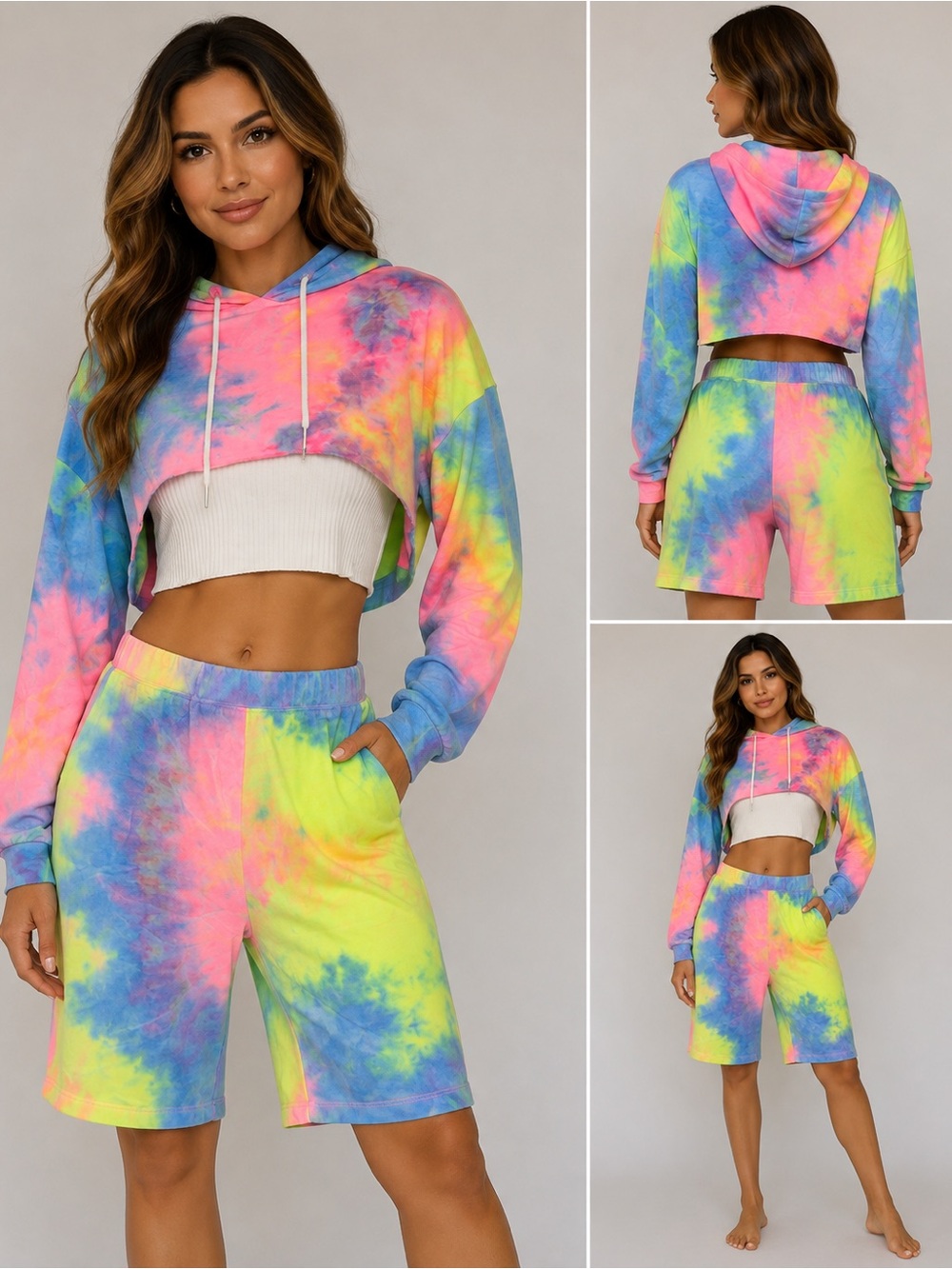 NWT RoseVelvet 3 Piece Neon Tie Dye Crop Hoodie Bandeau Bermuda Shorts Set #1052